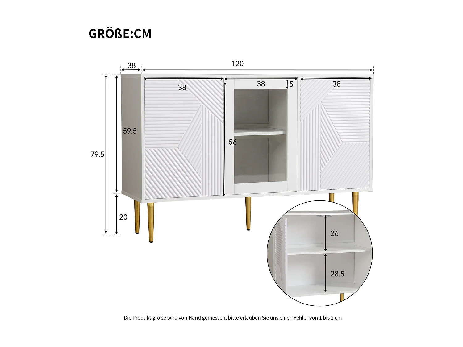Buffet de Rangement en Bois avec 3 Portes et Pattes, 120 x38x79.5cm, pour Cuisine et Salon, Blanc