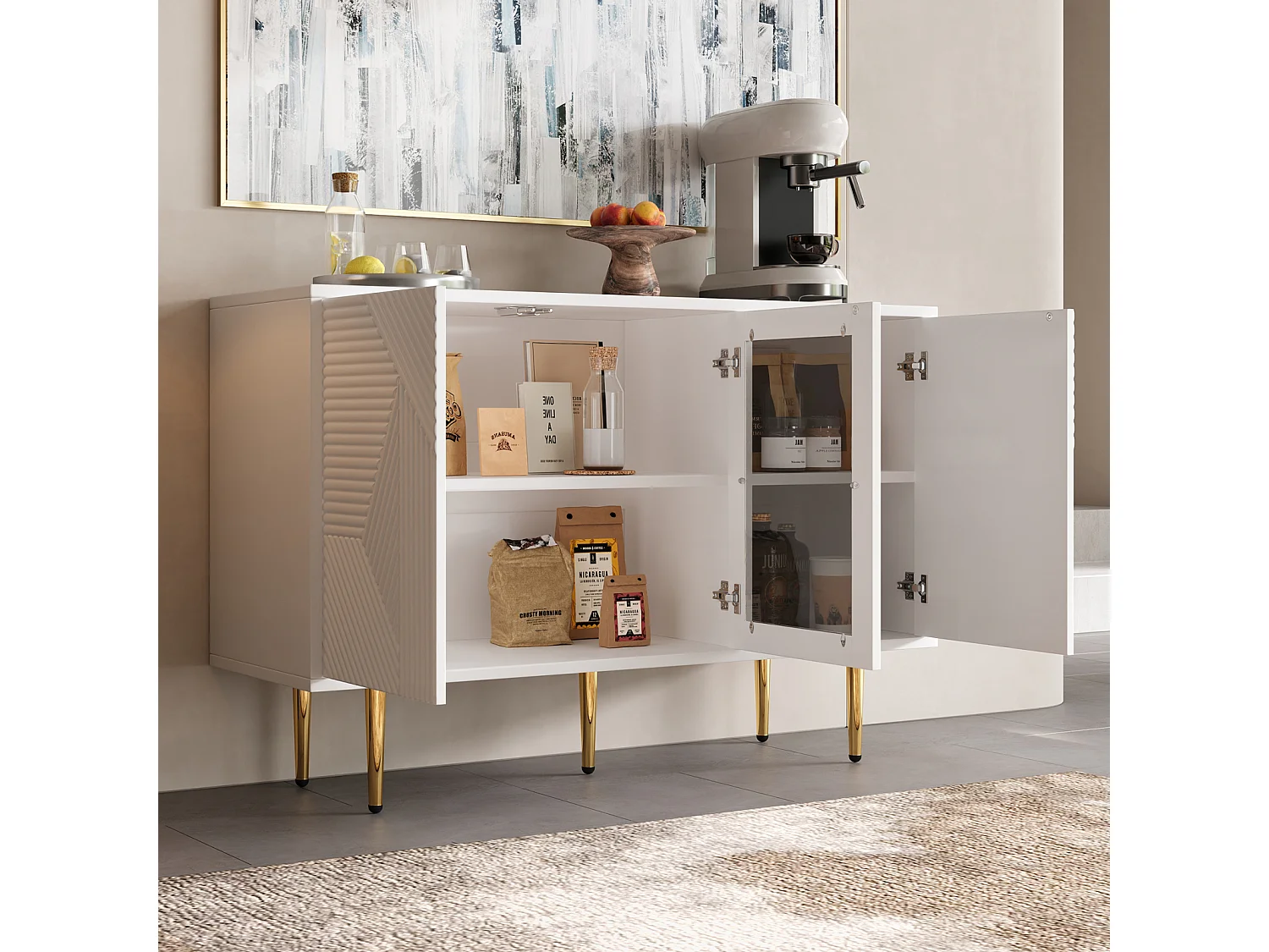 Buffet de Rangement en Bois avec 3 Portes et Pattes, 120 x38x79.5cm, pour Cuisine et Salon, Blanc