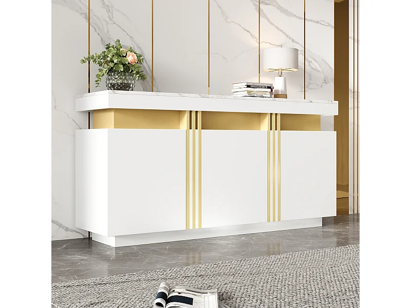 Aparador de cocina de 3 puertas con tablero de mármol para sala de estar y dormitorio, color blanco