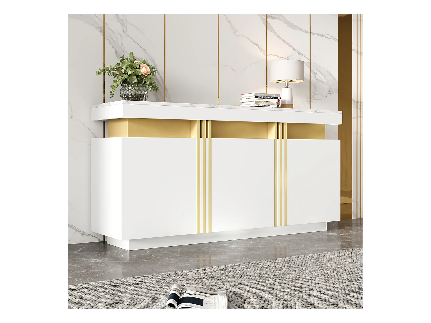 Aparador de cocina de 3 puertas con tablero de mármol para sala de estar y dormitorio, color blanco
