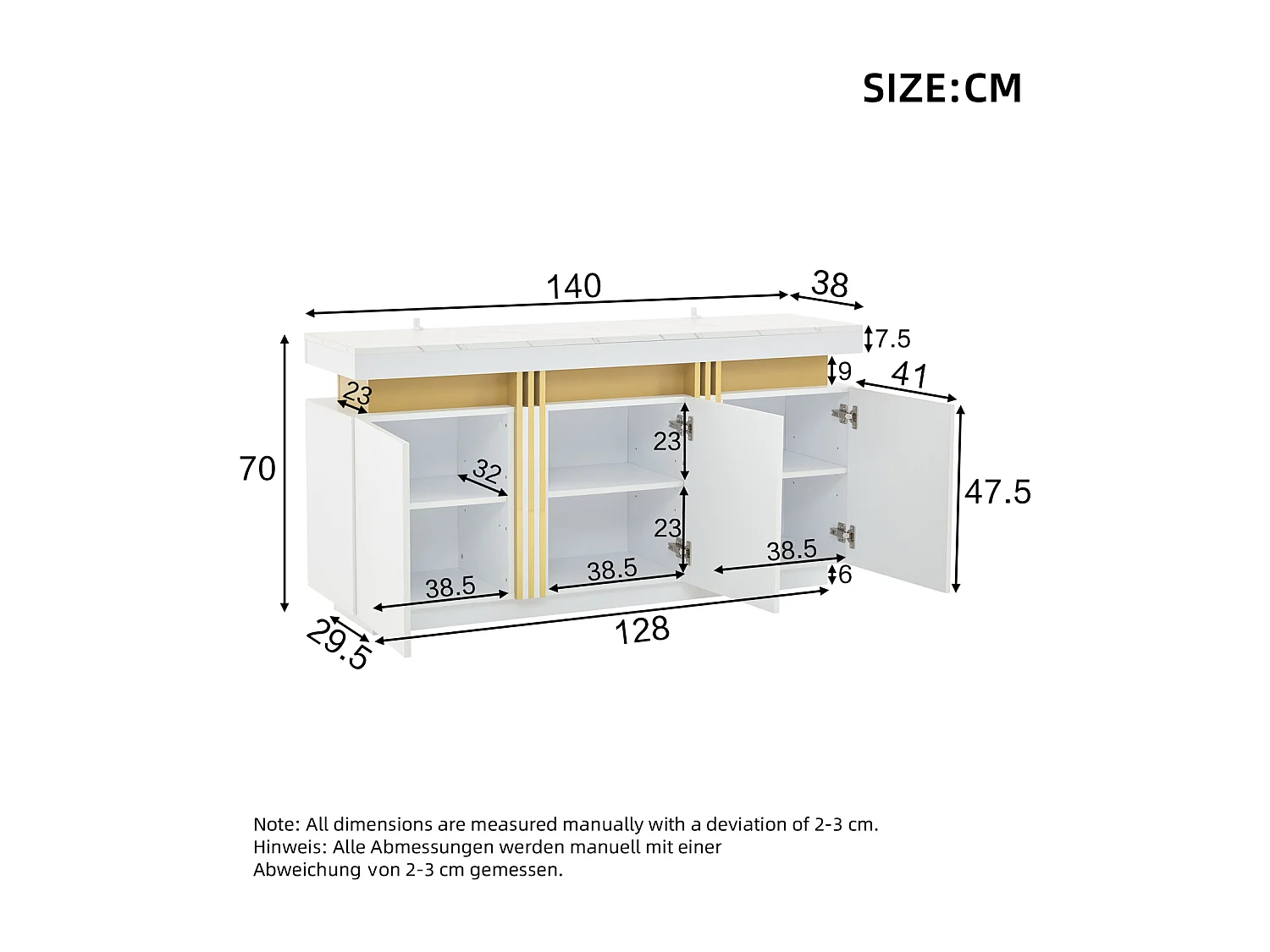 Aparador de cocina de 3 puertas con tablero de mármol para sala de estar y dormitorio, color blanco
