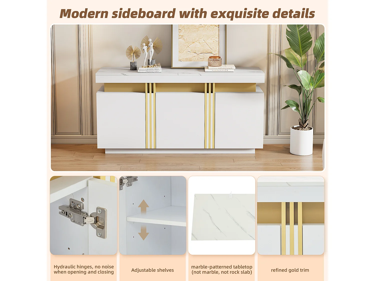 Buffet de cuisine à 3 portes et plateau de table à motif marbré pour salon, chambre à coucher, Blanc