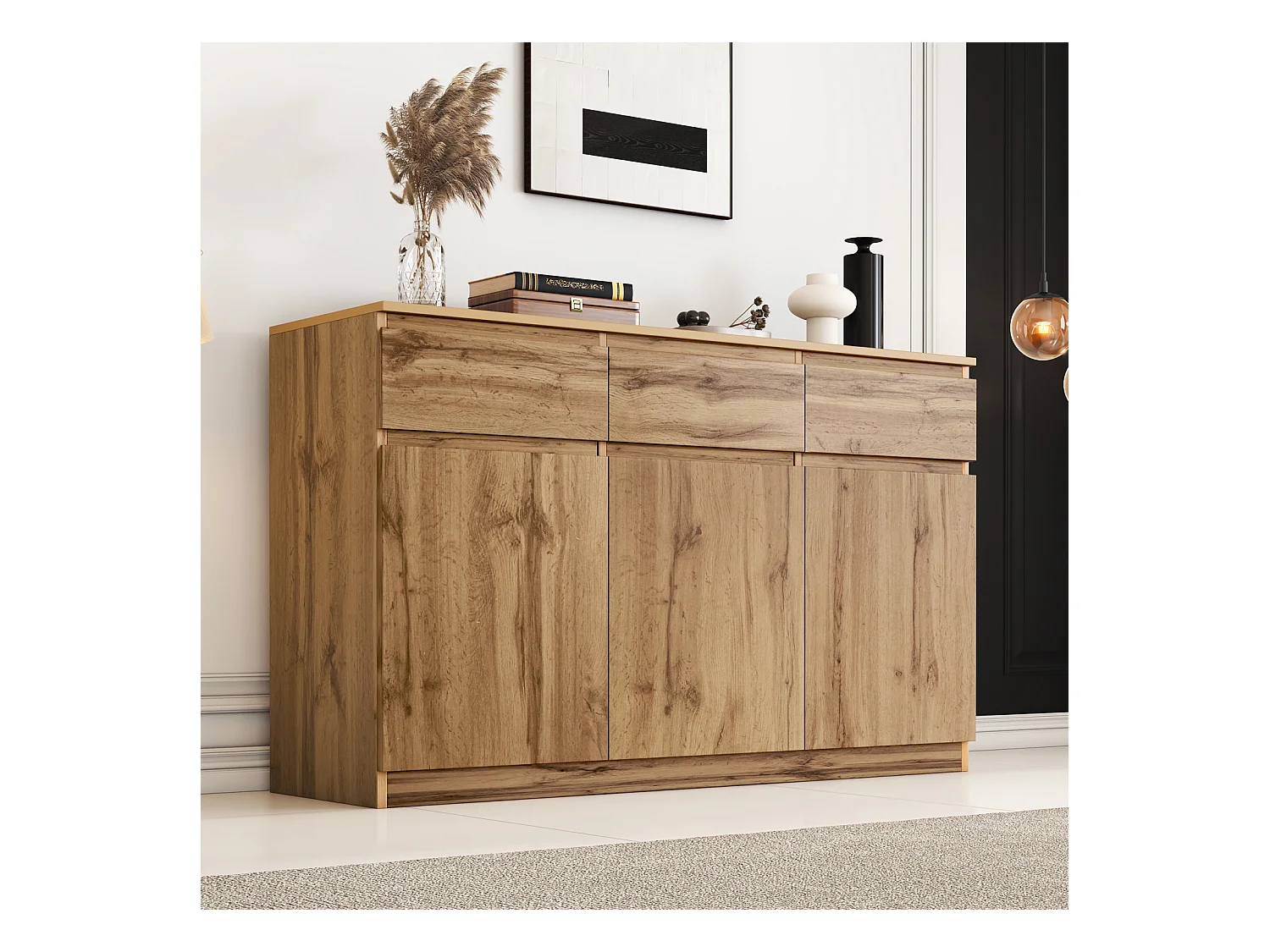 Aparador com efeito de madeira - Aparador multifuncional com 3 portas e 3 gavetas - Armário, 135 x 40 x 81 cm