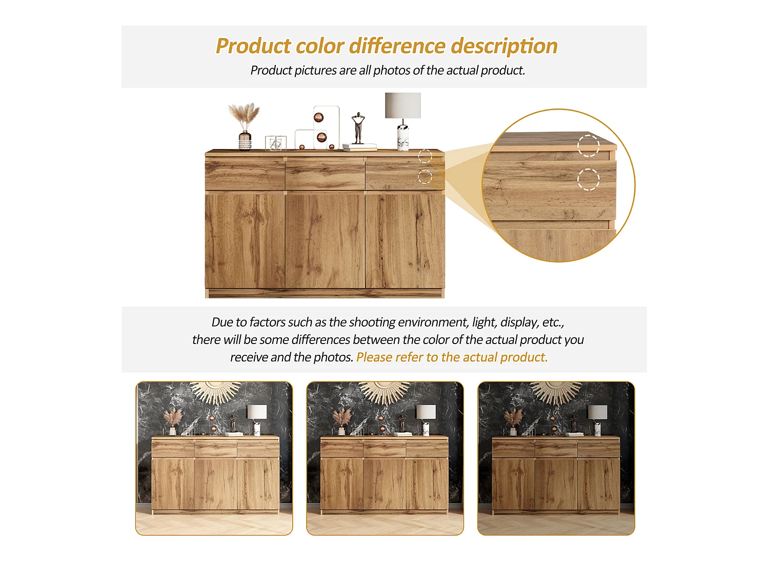 Aparador com efeito de madeira - Aparador multifuncional com 3 portas e 3 gavetas - Armário, 135 x 40 x 81 cm