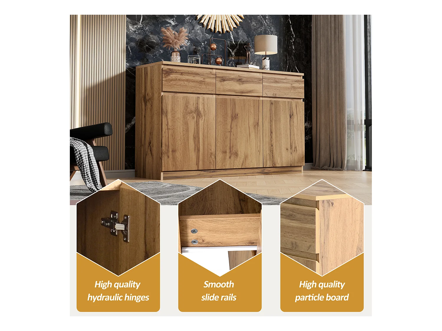 Aparador com efeito de madeira - Aparador multifuncional com 3 portas e 3 gavetas - Armário, 135 x 40 x 81 cm