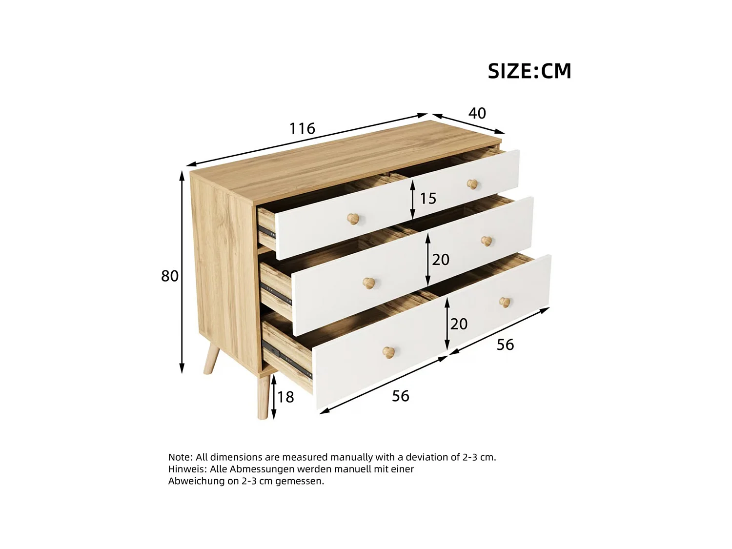 Aparador de 6 cajones, cómoda para dormitorio, almacenaje y salón, 116 x 40 x 80 cm, veta de madera