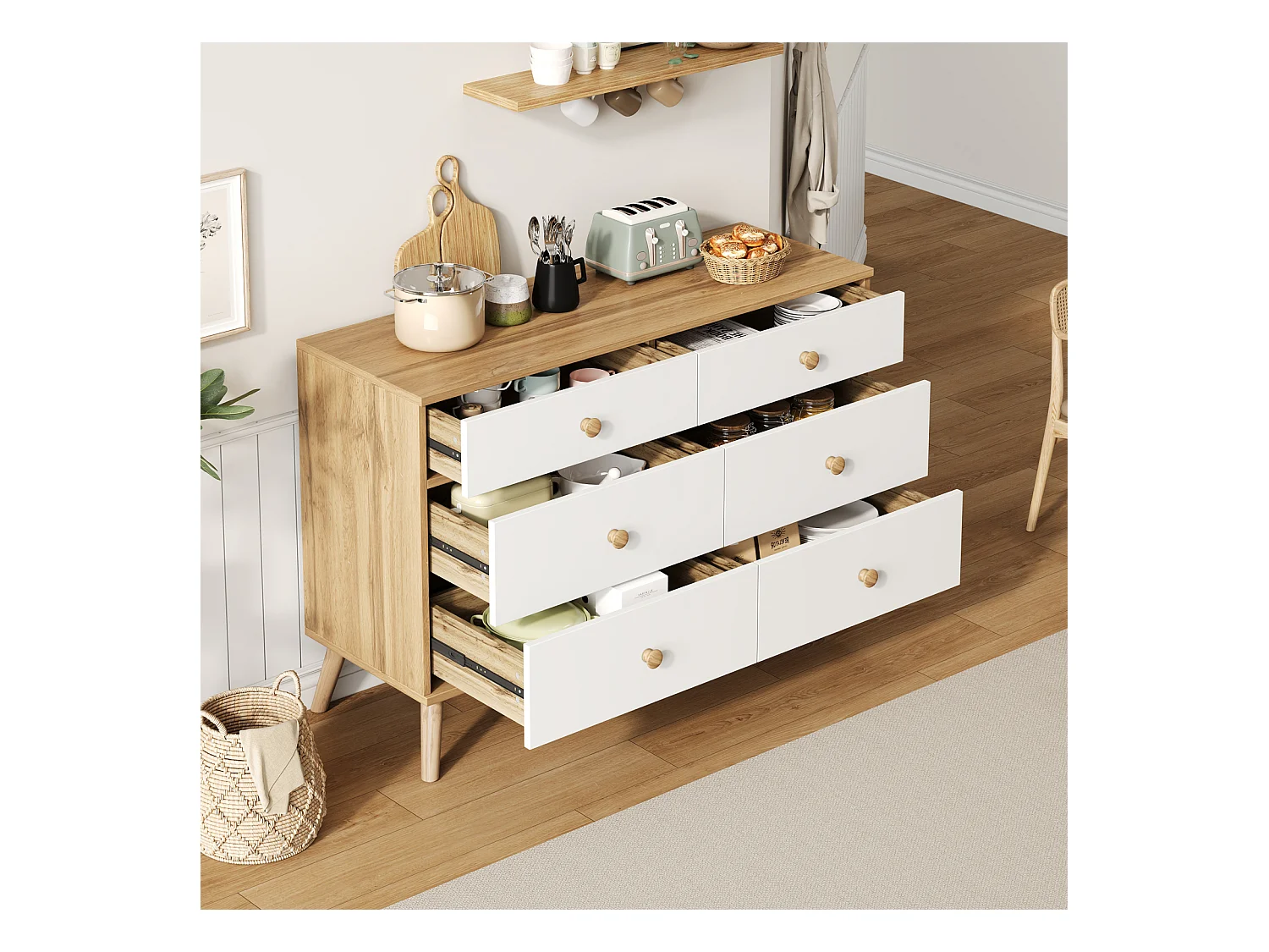 Aparador de 6 cajones, cómoda para dormitorio, almacenaje y salón, 116 x 40 x 80 cm, veta de madera