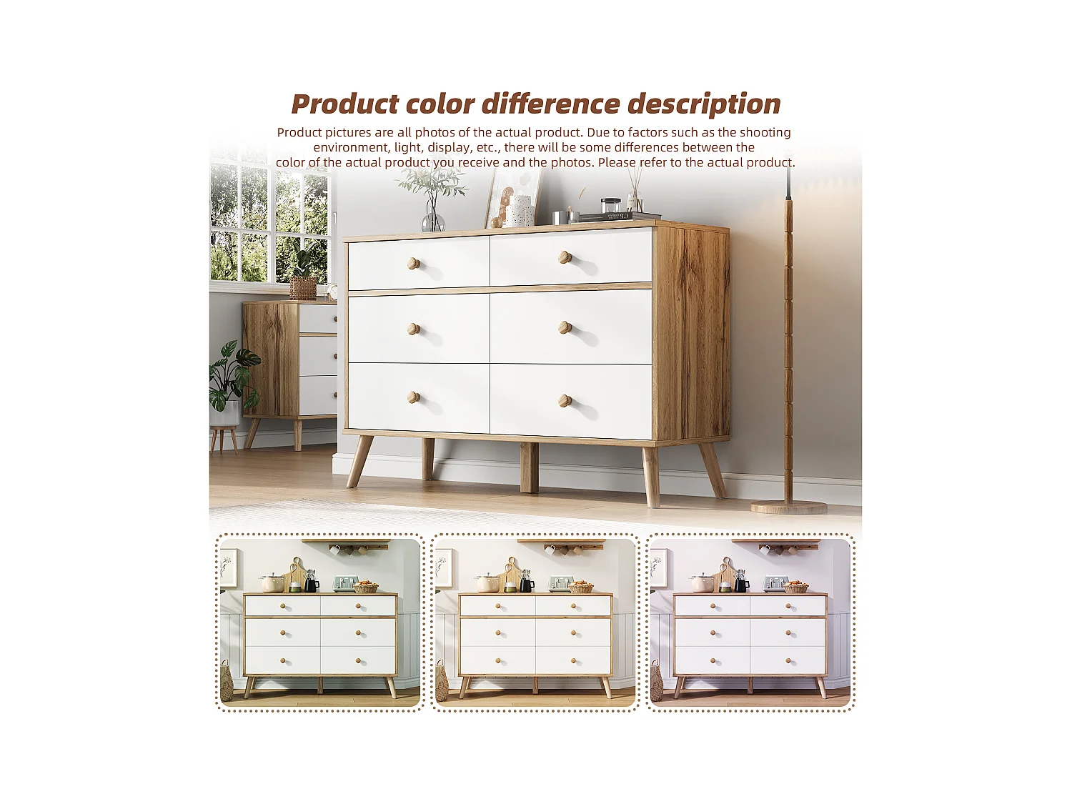 Aparador de 6 cajones, cómoda para dormitorio, almacenaje y salón, 116 x 40 x 80 cm, veta de madera