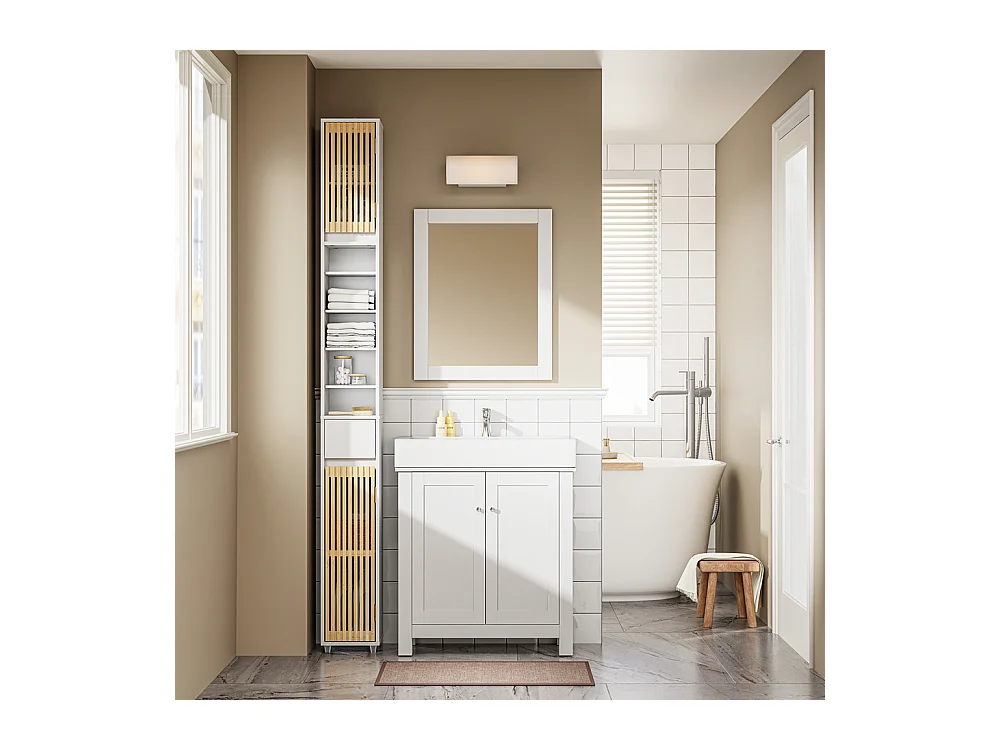 SoBuy Regał Łazienkowy 6 Półek Wysoki z Wodoodpornego Drewna Biały