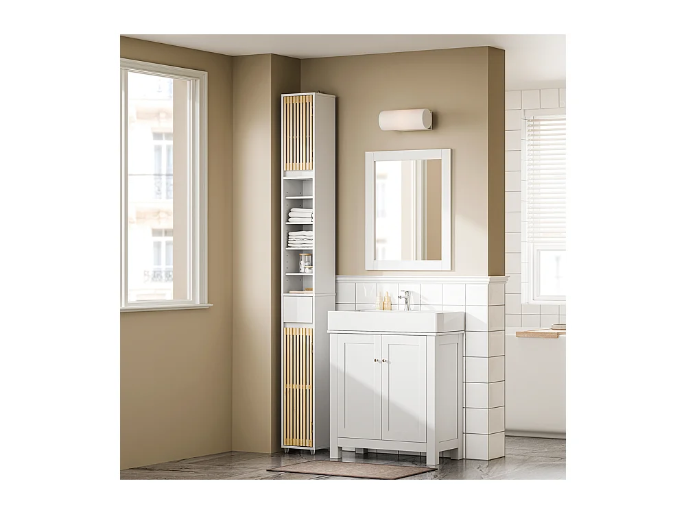 SoBuy Regał Łazienkowy 6 Półek Wysoki z Wodoodpornego Drewna Biały