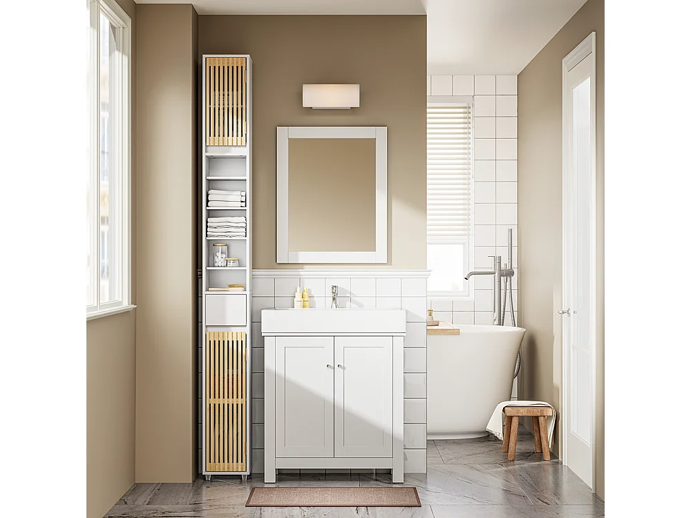 SoBuy Colonne Armoire pour Salle de Bain 6 Étagères Réglables Blanche