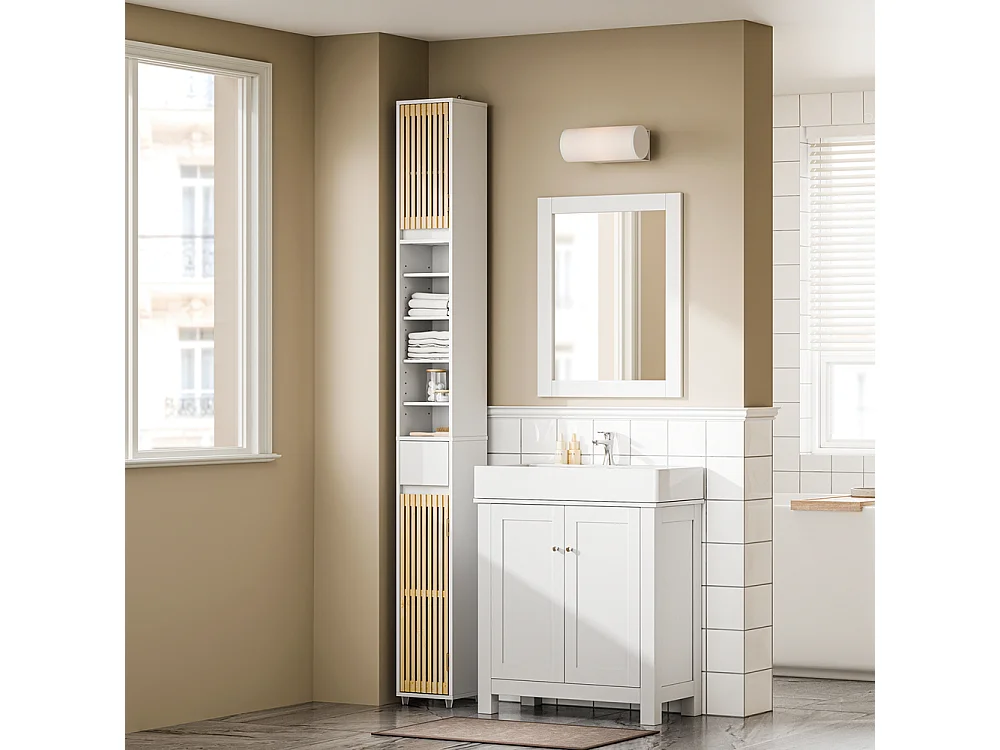 SoBuy Colonne Armoire pour Salle de Bain 6 Étagères Réglables Blanche