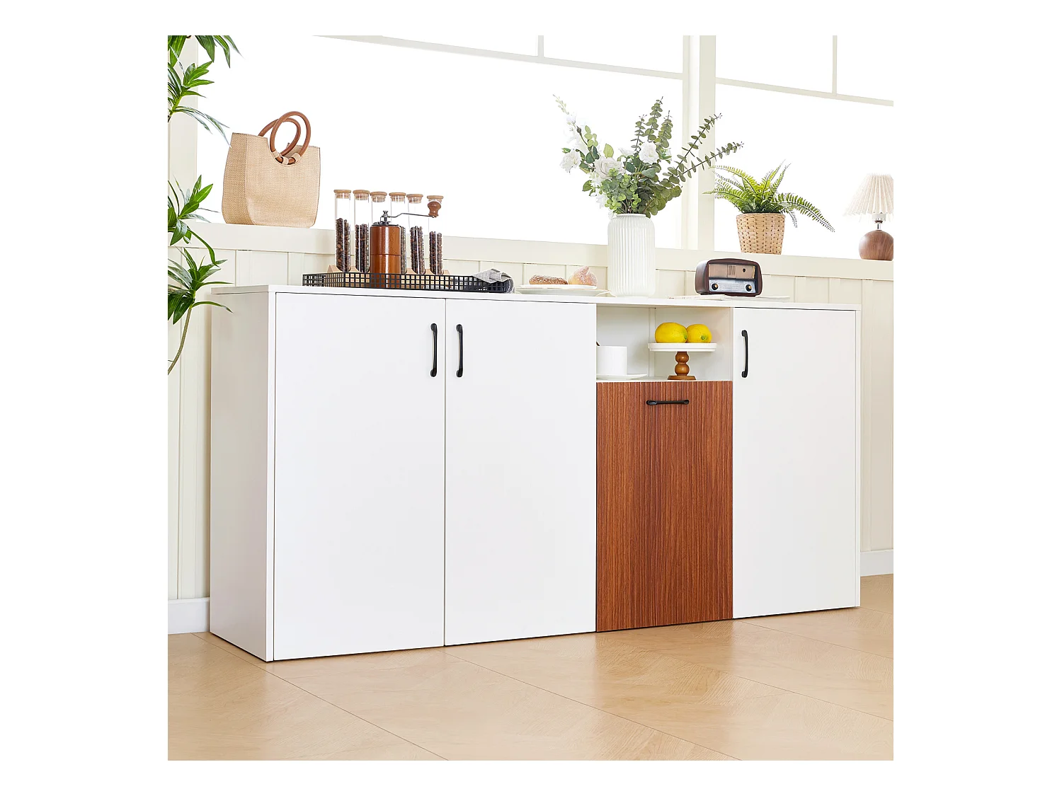 Buffet, Meuble de Rangement en Bois autoportant, Buffet avec 4 Portes pour Cuisine, Salon, Blanc