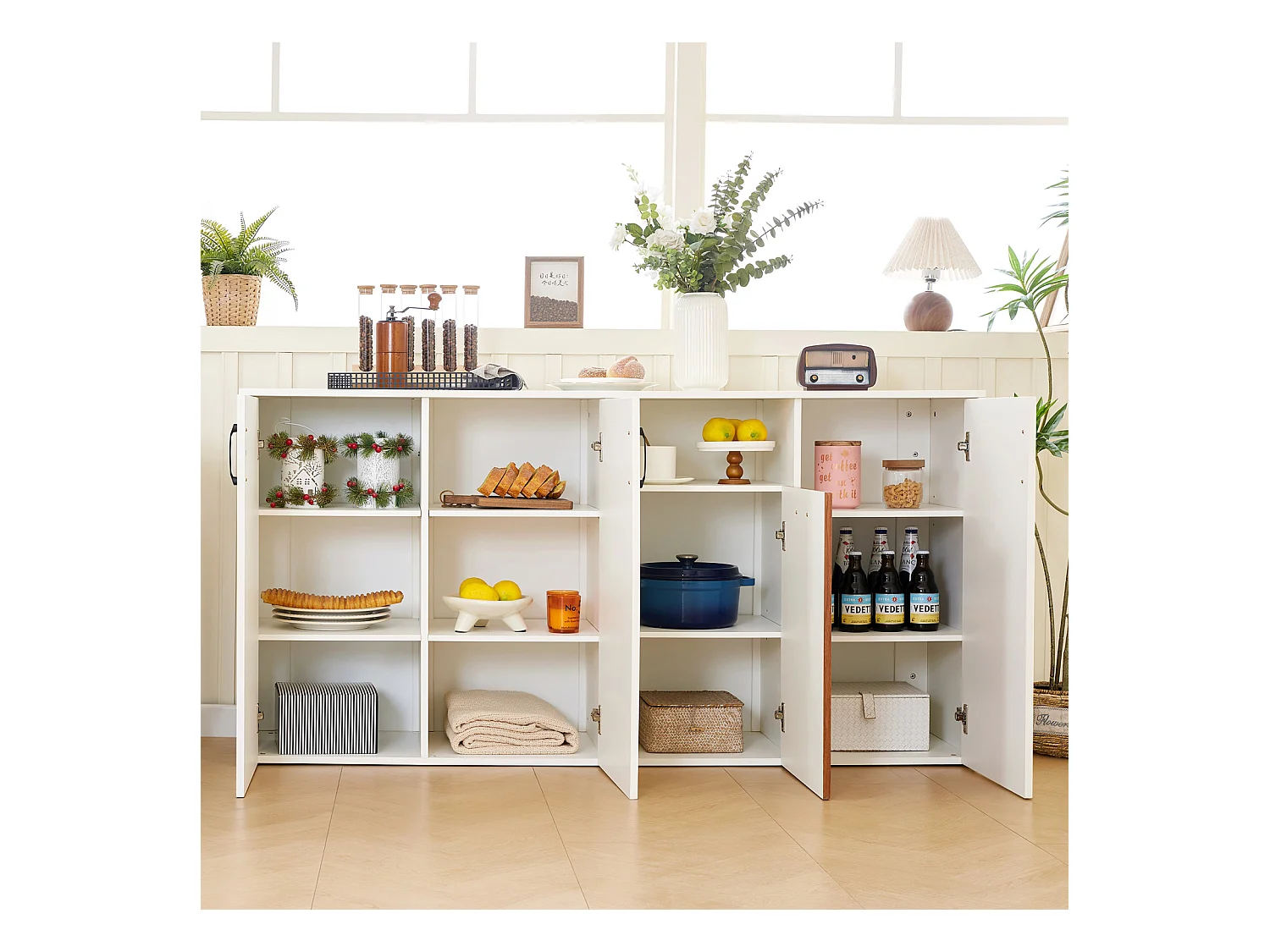 Buffet, Meuble de Rangement en Bois autoportant, Buffet avec 4 Portes pour Cuisine, Salon, Blanc