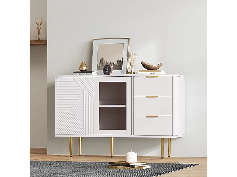 Aparador de madeira com 2 portas e 3 gavetas, 120x38x79,5 cm, para cozinha e sala de estar, branco