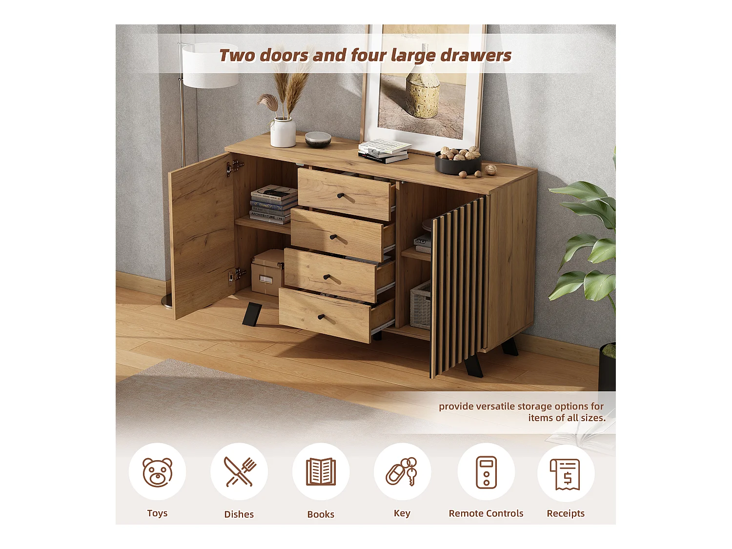 Aparador de Salón 120x38x75 cm, Mueble con 4 cajones y 2 armarios, Diseño calado, Color madera