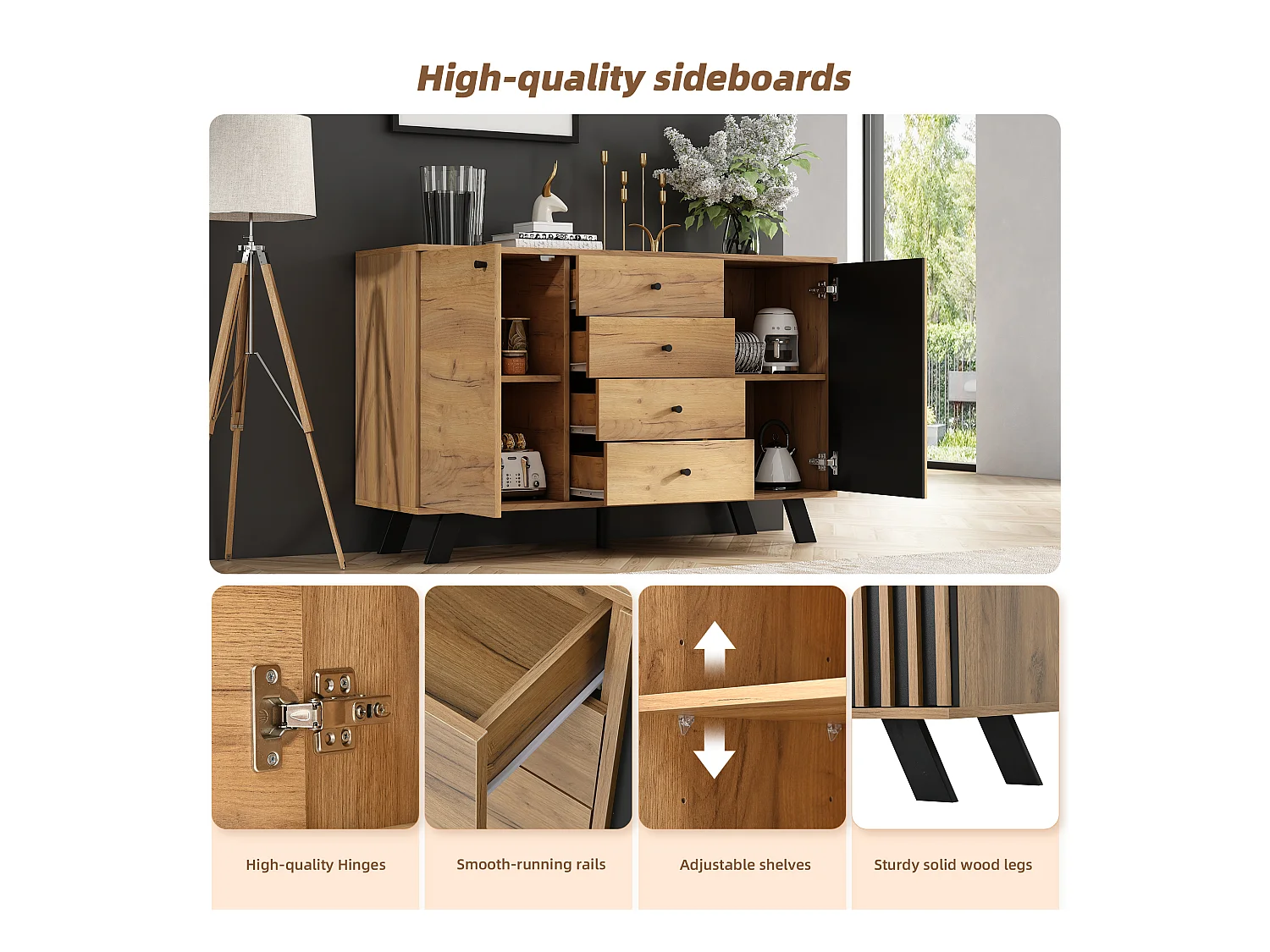 Aparador de Salón 120x38x75 cm, Mueble con 4 cajones y 2 armarios, Diseño calado, Color madera