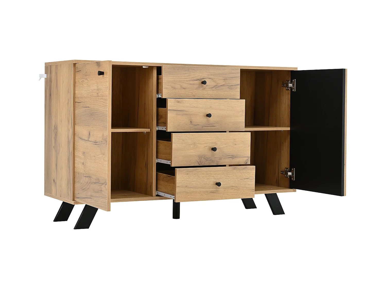 Aparador de Salón 120x38x75 cm, Mueble con 4 cajones y 2 armarios, Diseño calado, Color madera