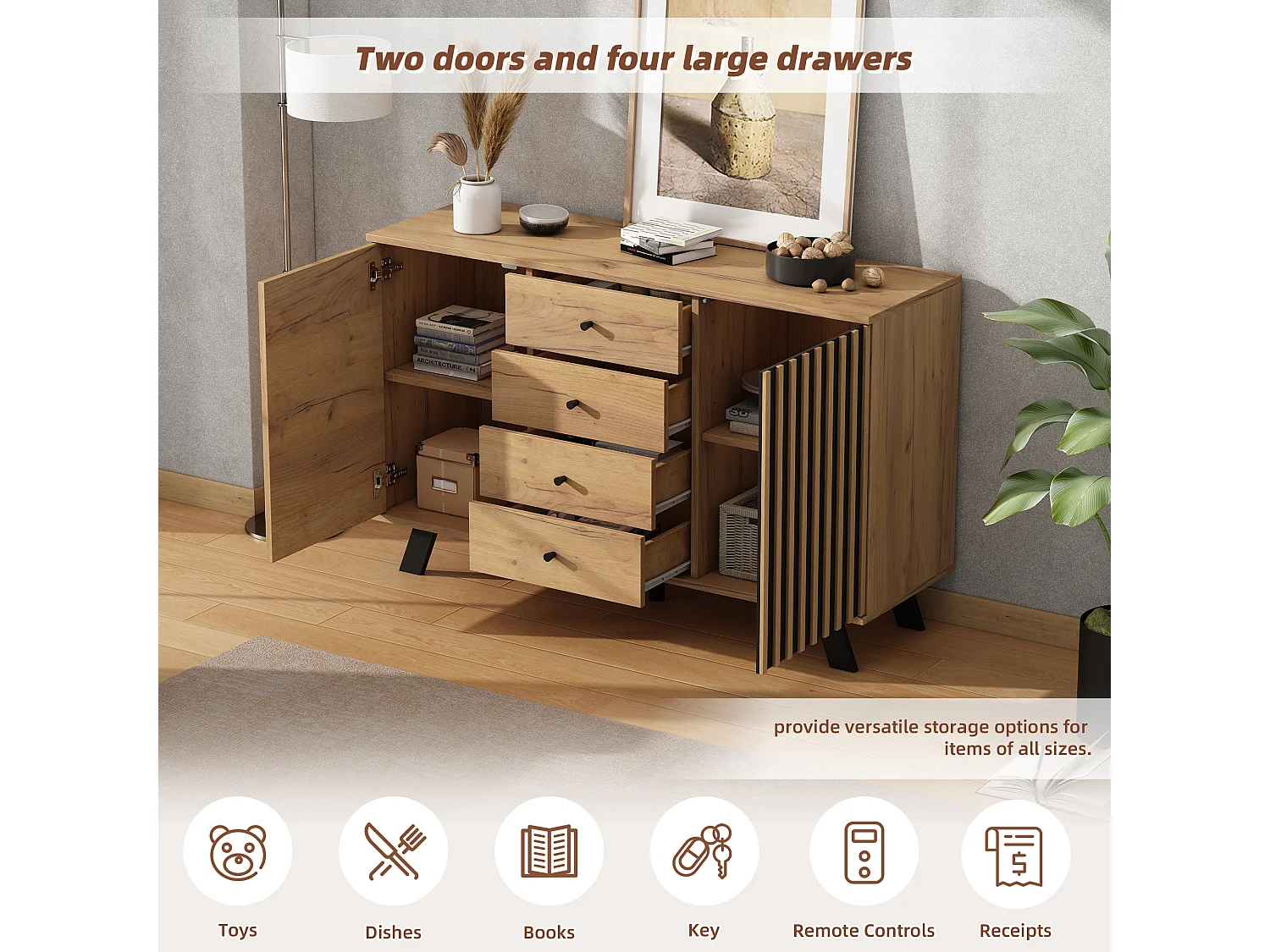 Buffet Salon 120x38x75 cm, Meuble avec 4 tiroirs et 2 armoires, Design ajouré, Couleur bois