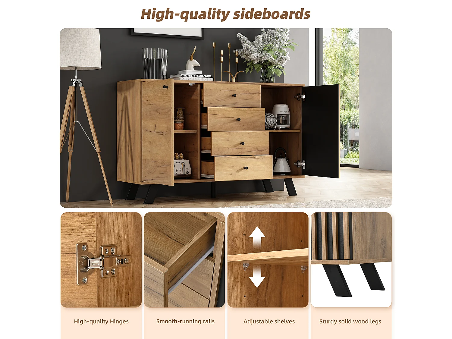 Buffet Salon 120x38x75 cm, Meuble avec 4 tiroirs et 2 armoires, Design ajouré, Couleur bois