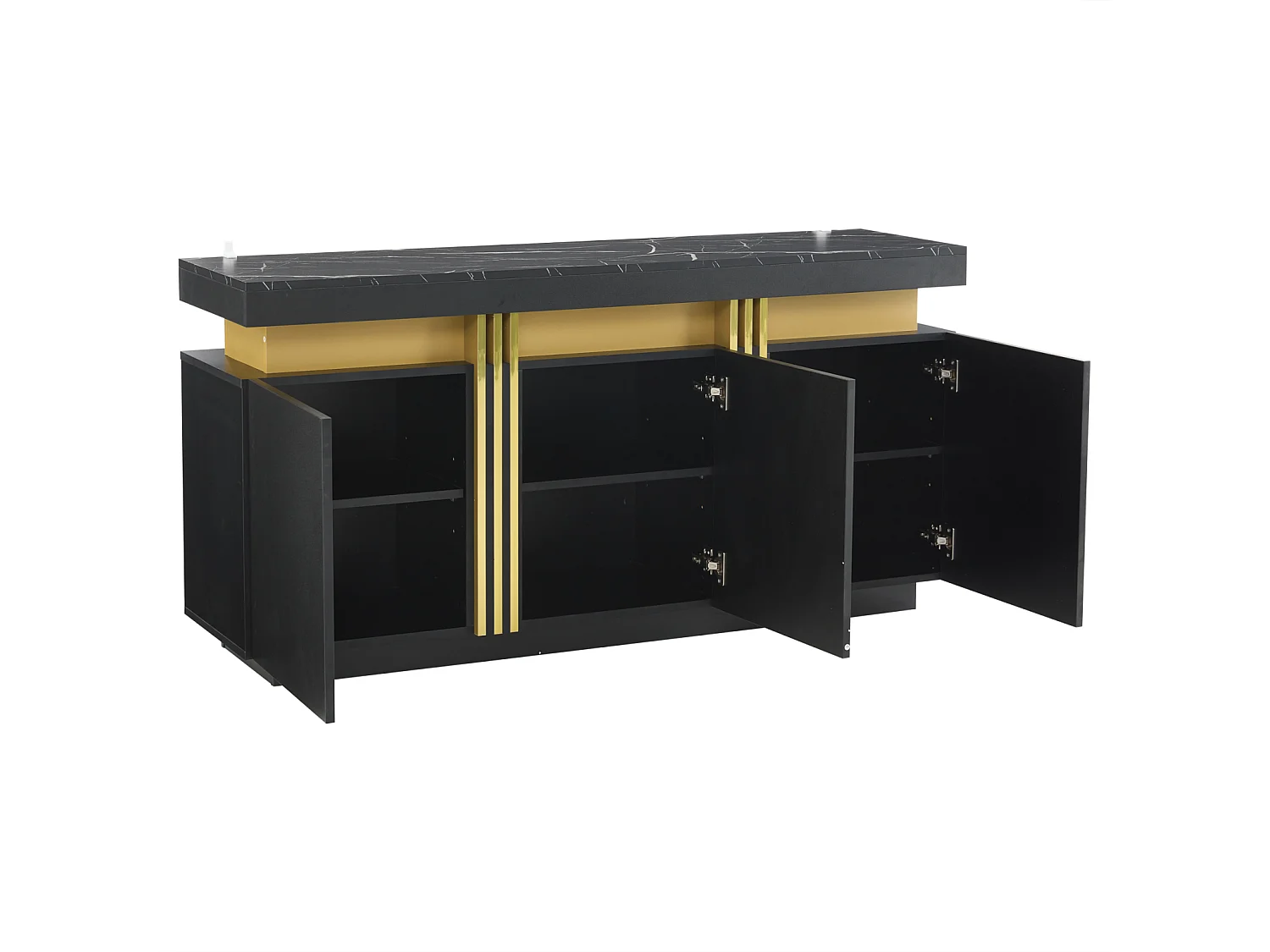 Buffet de cuisine à 3 portes et plateau de table à motif marbré pour salon, chambre à coucher, noir