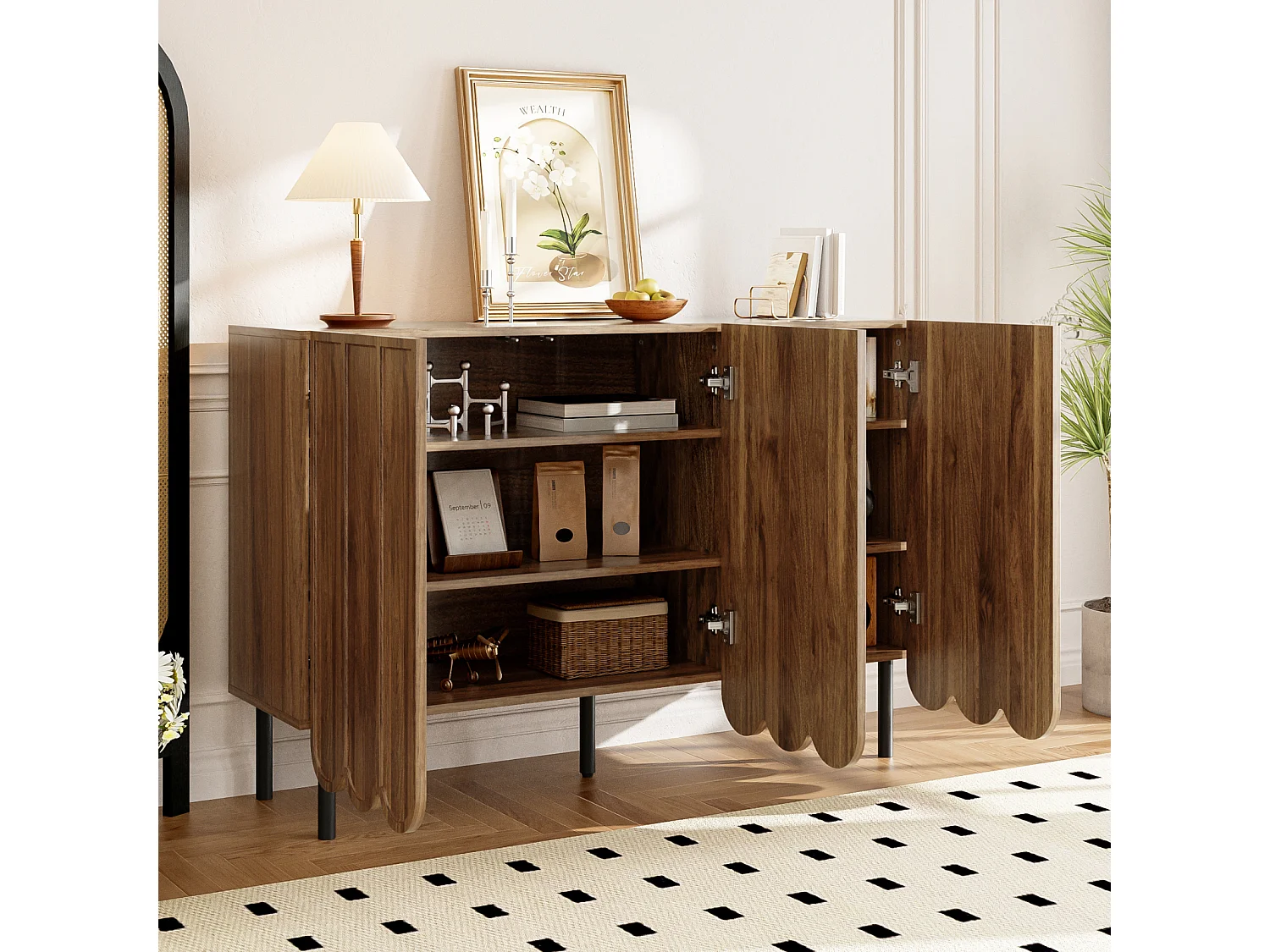 Aparador moderno de madera con puertas onduladas – 120x35x80 cm – para salón, recibidor y comedor