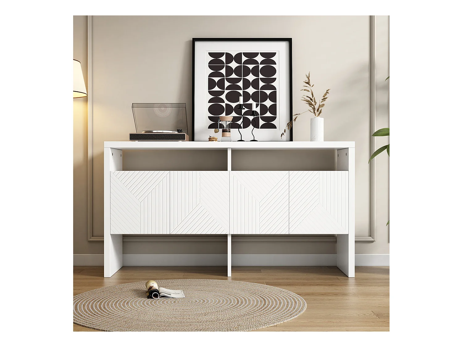 Buffet à 4 portes 140 x 35 x 75 cm - avec espace de rangement -  pour salle à manger, salon - Blanc