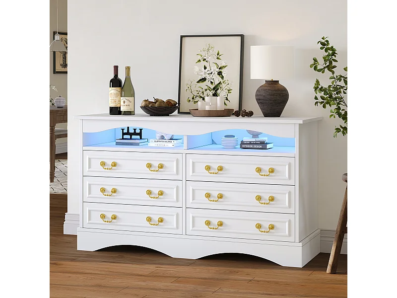 Buffet Moderne 120x40x70cm avec 6 Compartiments et LED, Sideboard Blanc à Espace de Rangement Ouvert