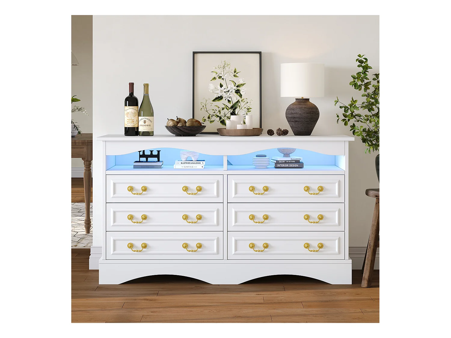 Buffet Moderne 120x40x70cm avec 6 Compartiments et LED, Sideboard Blanc à Espace de Rangement Ouvert