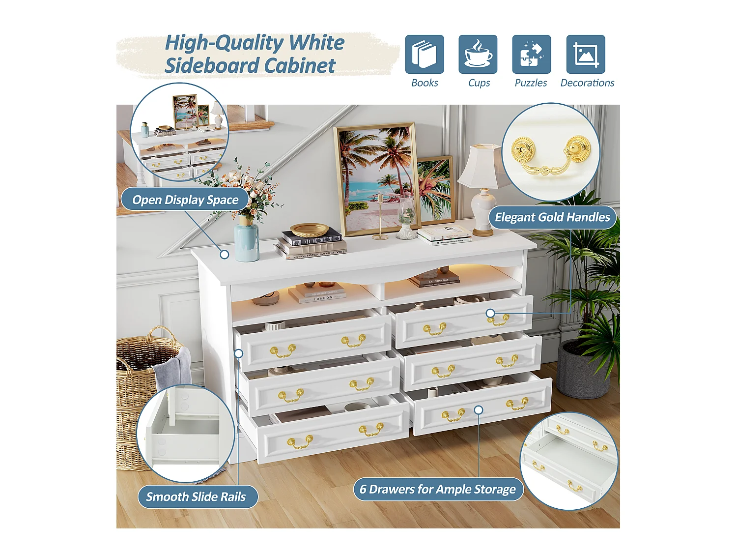 Buffet Moderne 120x40x70cm avec 6 Compartiments et LED, Sideboard Blanc à Espace de Rangement Ouvert