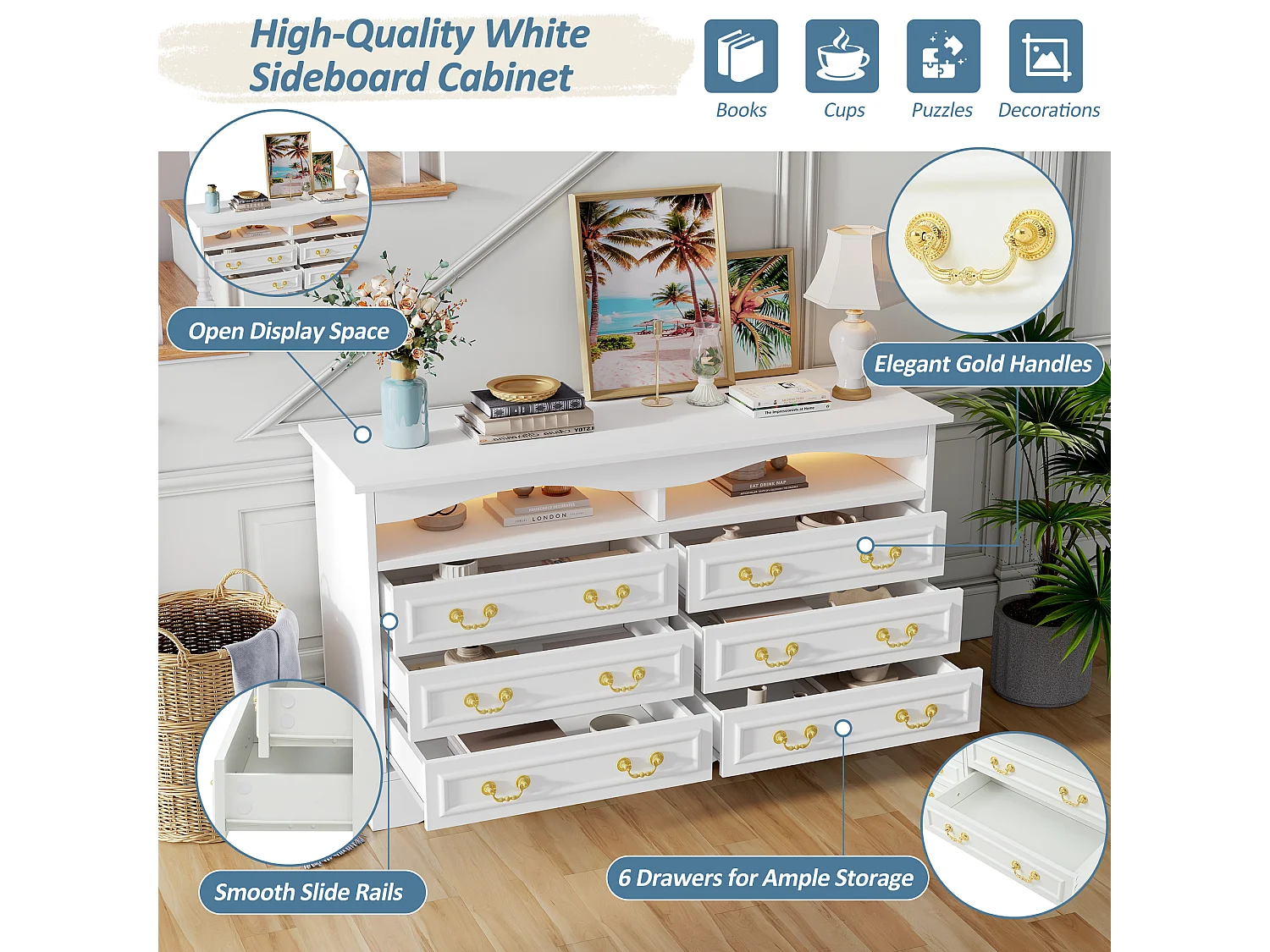 Buffet Moderne 120x40x70cm avec 6 Compartiments et LED, Sideboard Blanc à Espace de Rangement Ouvert