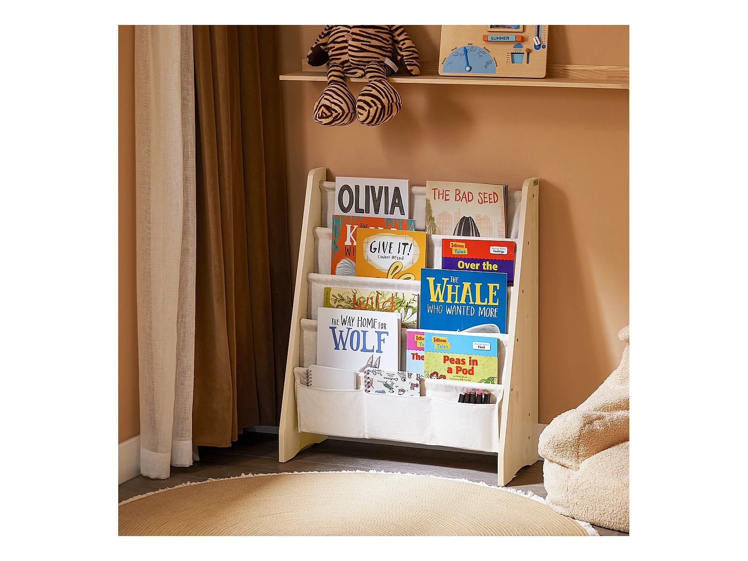 SoBuy Bibliothèque Enfant 4 Compartiments avec 3 Pochettes en Tissu Naturel