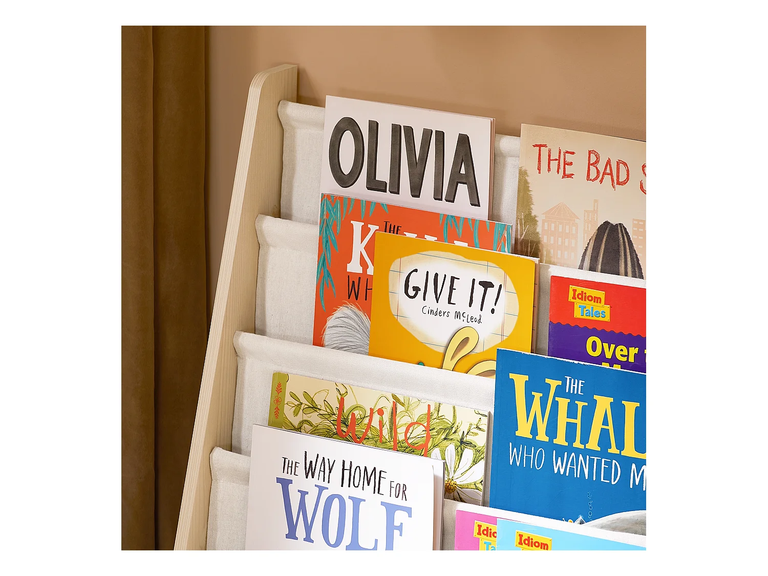 SoBuy Bibliothèque Enfant 4 Compartiments avec 3 Pochettes en Tissu Naturel