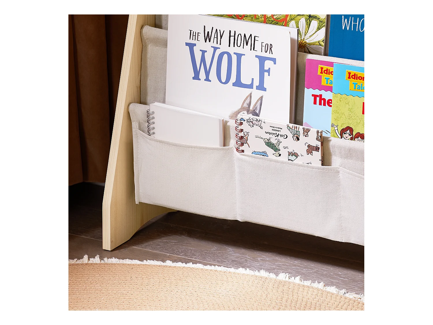 SoBuy Bibliothèque Enfant 4 Compartiments avec 3 Pochettes en Tissu Naturel