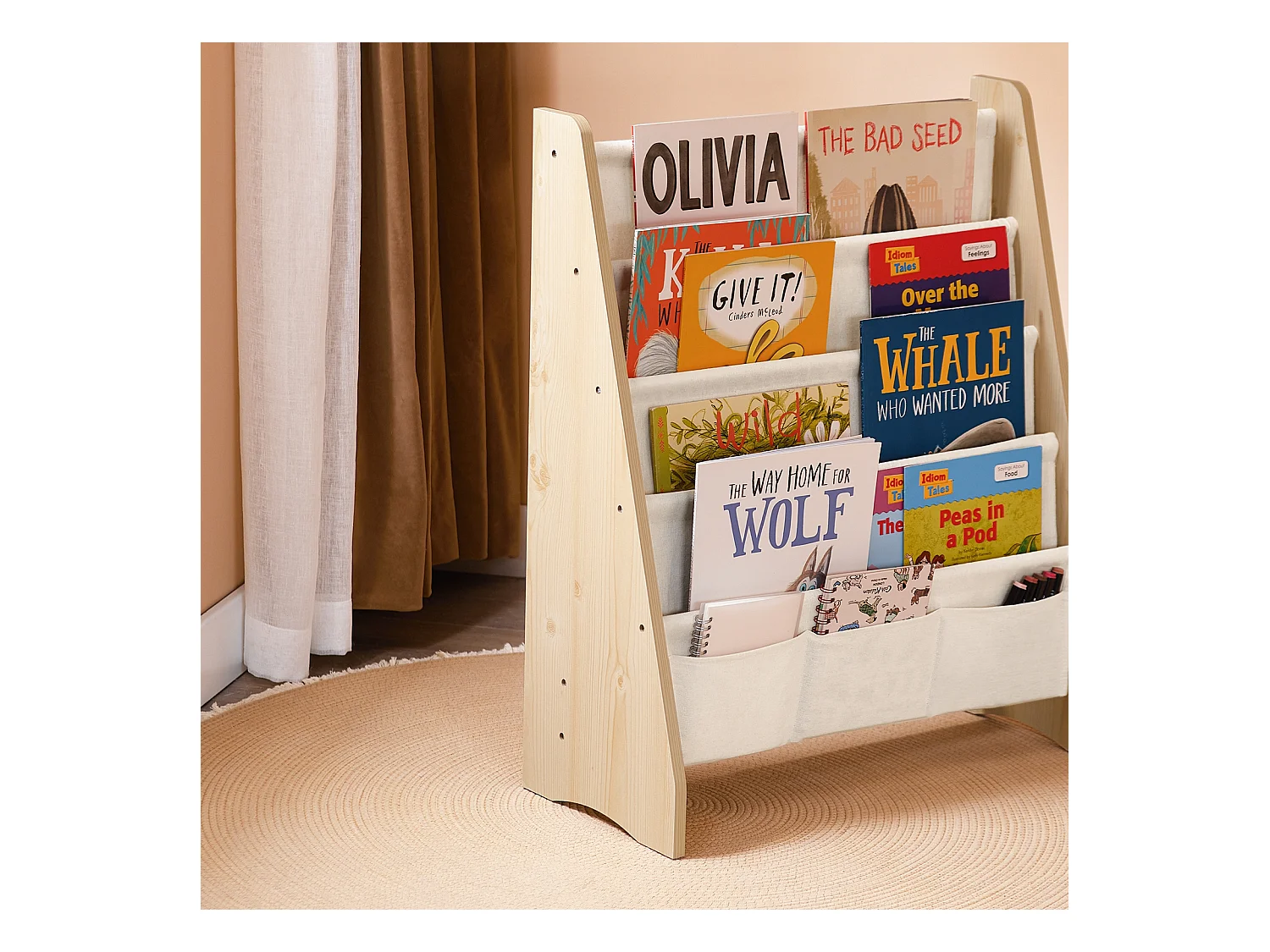 SoBuy Bibliothèque Enfant 4 Compartiments avec 3 Pochettes en Tissu Naturel
