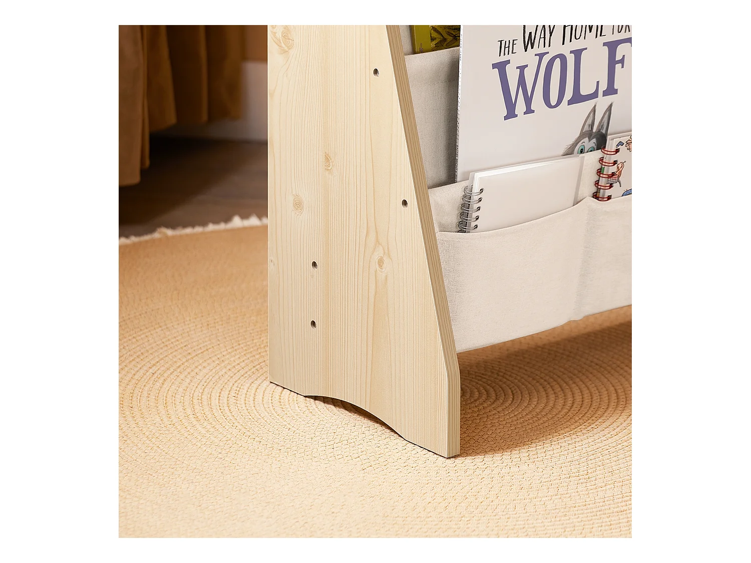 SoBuy Bibliothèque Enfant 4 Compartiments avec 3 Pochettes en Tissu Naturel