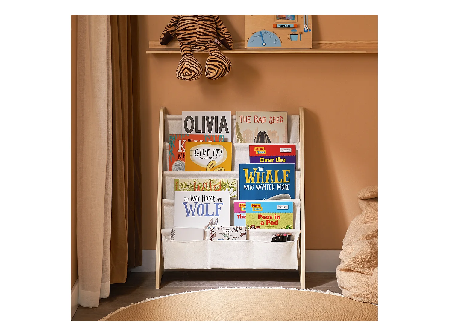 SoBuy Bibliothèque Enfant 4 Compartiments avec 3 Pochettes en Tissu Naturel