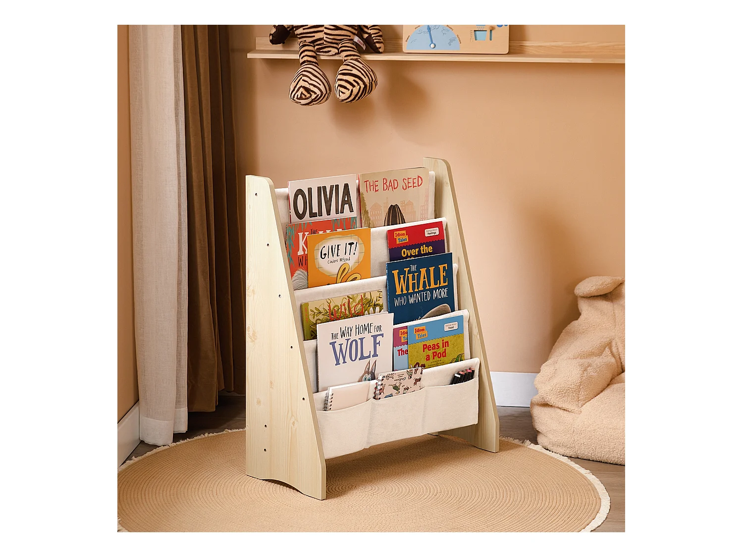 SoBuy Bibliothèque Enfant 4 Compartiments avec 3 Pochettes en Tissu Naturel