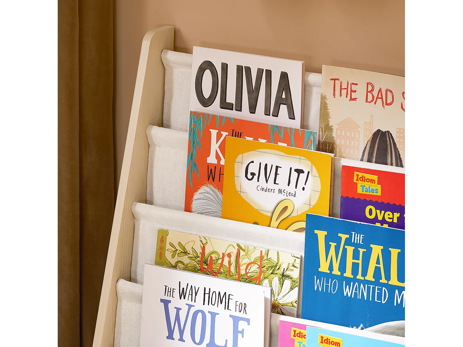 SoBuy Bibliothèque Enfant 4 Compartiments avec 3 Pochettes en Tissu Naturel