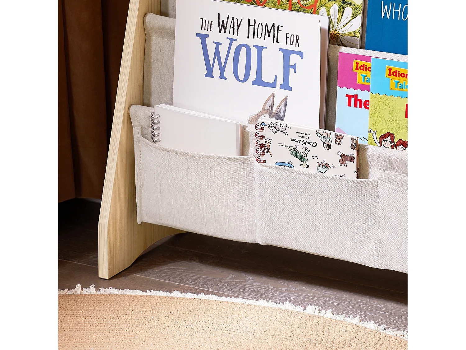 SoBuy Bibliothèque Enfant 4 Compartiments avec 3 Pochettes en Tissu Naturel