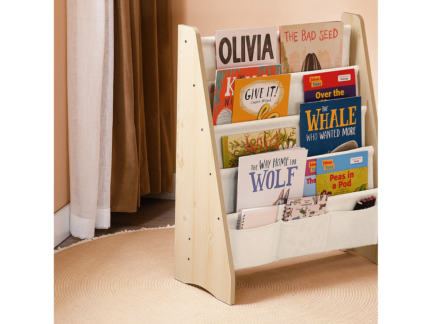 SoBuy Bibliothèque Enfant 4 Compartiments avec 3 Pochettes en Tissu Naturel