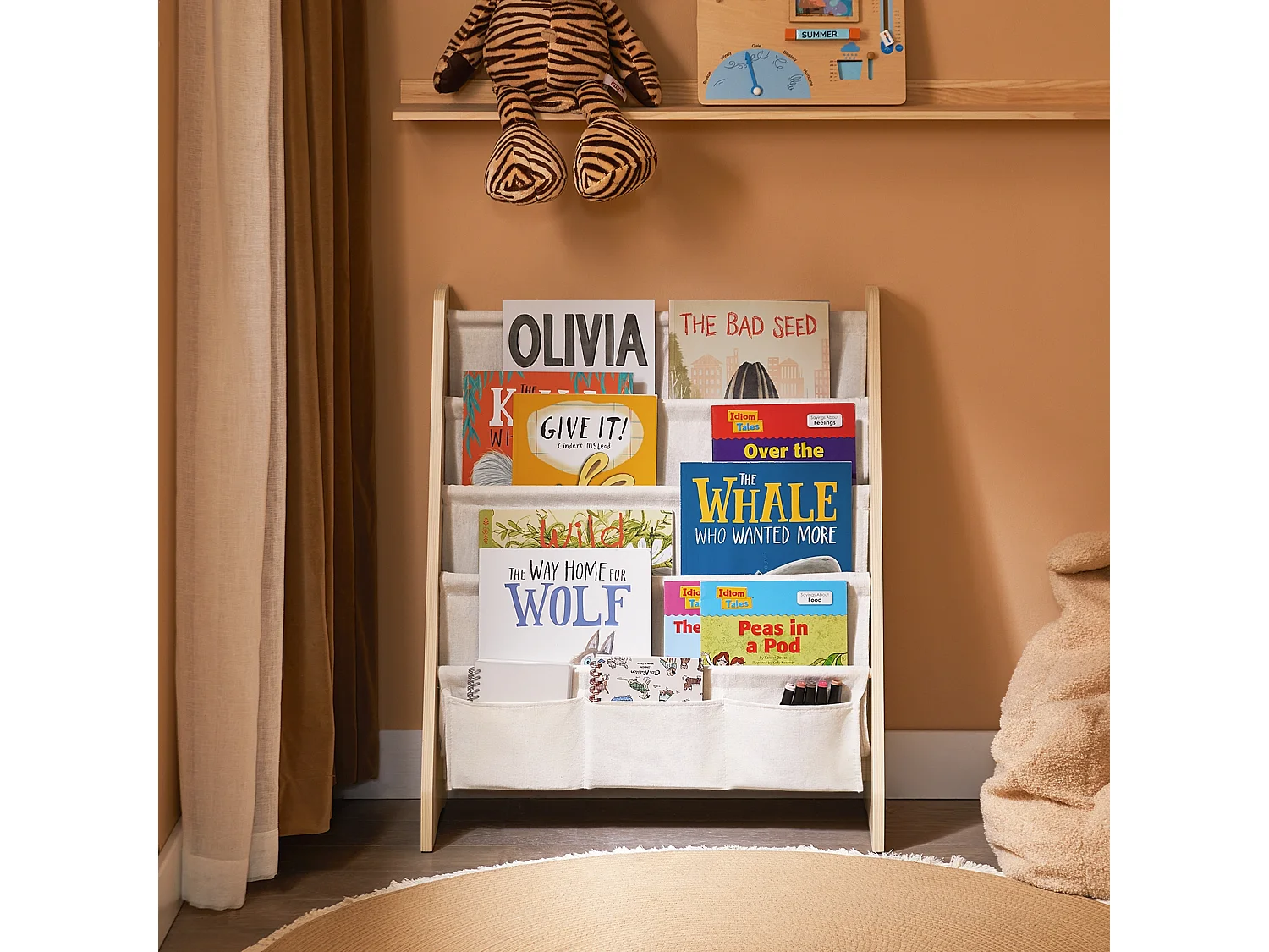 SoBuy Bibliothèque Enfant 4 Compartiments avec 3 Pochettes en Tissu Naturel