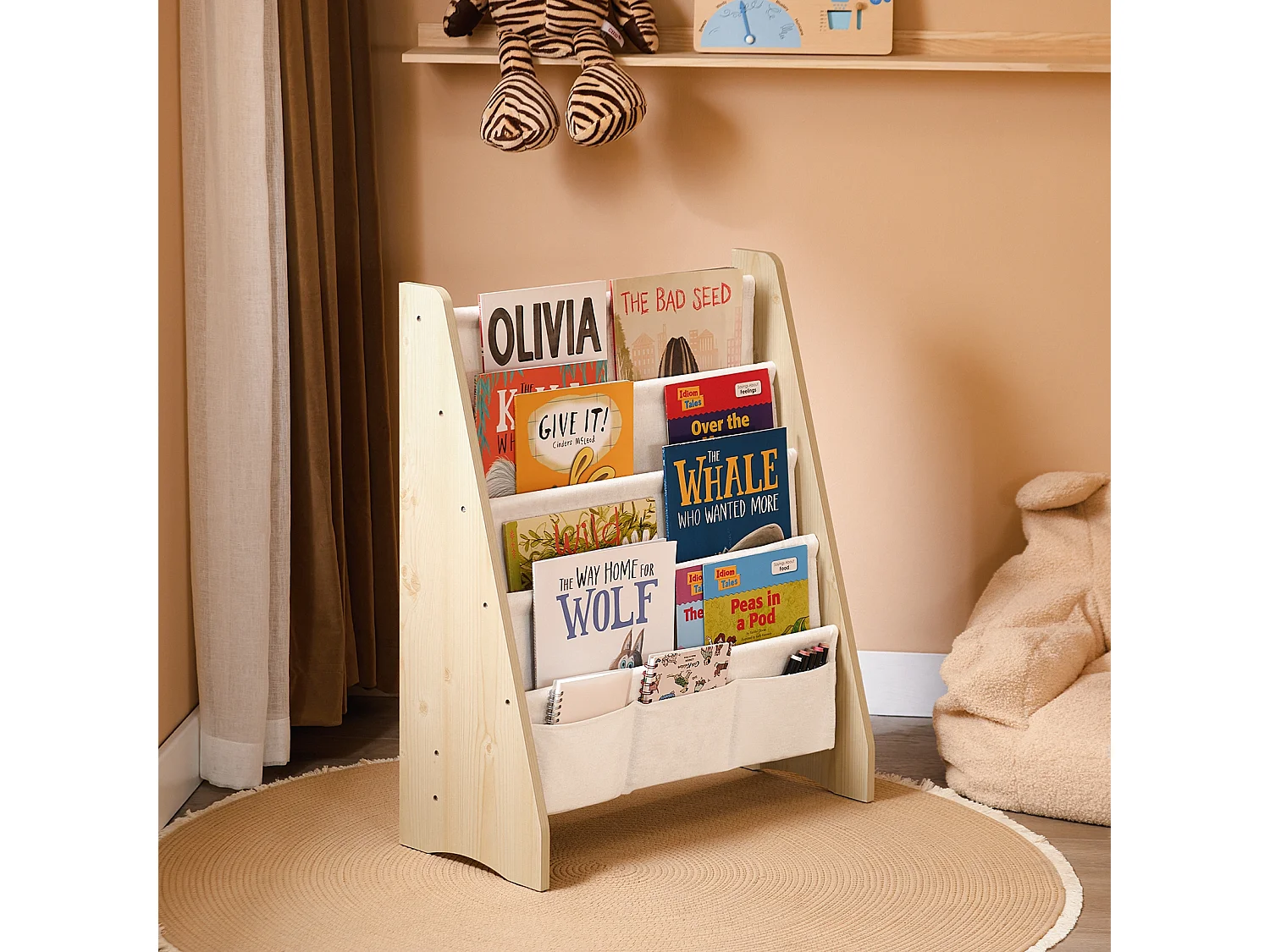 SoBuy Bibliothèque Enfant 4 Compartiments avec 3 Pochettes en Tissu Naturel