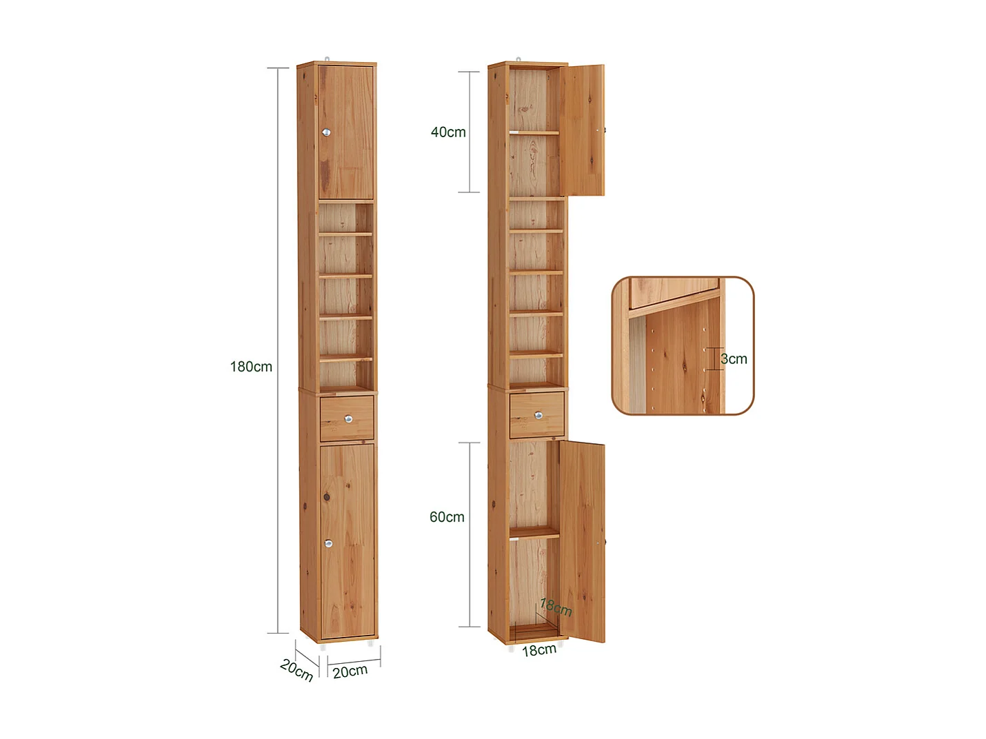 SoBuy Armoire Salle de Bain en Bois Massif avec Tiroir et Étagères Réglables