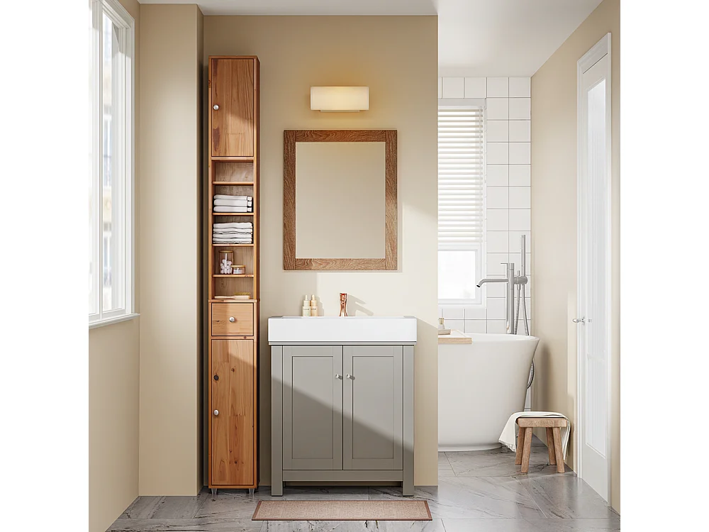 SoBuy Armoire Salle de Bain en Bois Massif avec Tiroir et Étagères Réglables