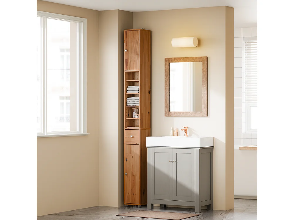 SoBuy Armoire Salle de Bain en Bois Massif avec Tiroir et Étagères Réglables