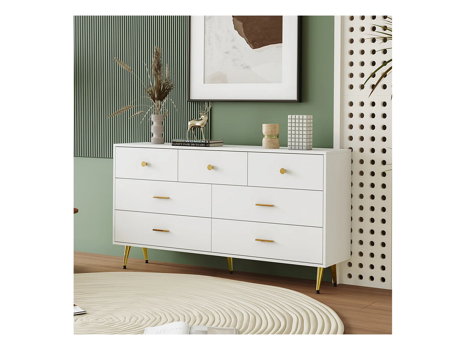 Aparador blanco con 7 cajones, tiradores y patas dorados, 140x35x76 cm - Para cocina y salón