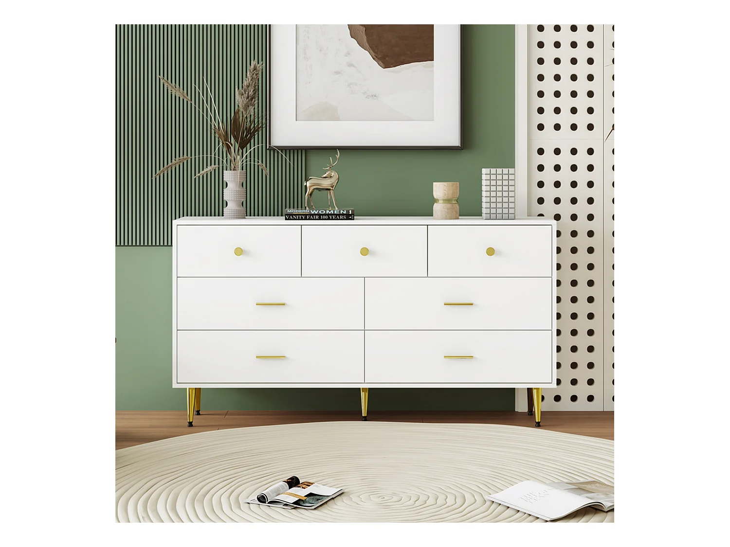 Aparador blanco con 7 cajones, tiradores y patas dorados, 140x35x76 cm - Para cocina y salón