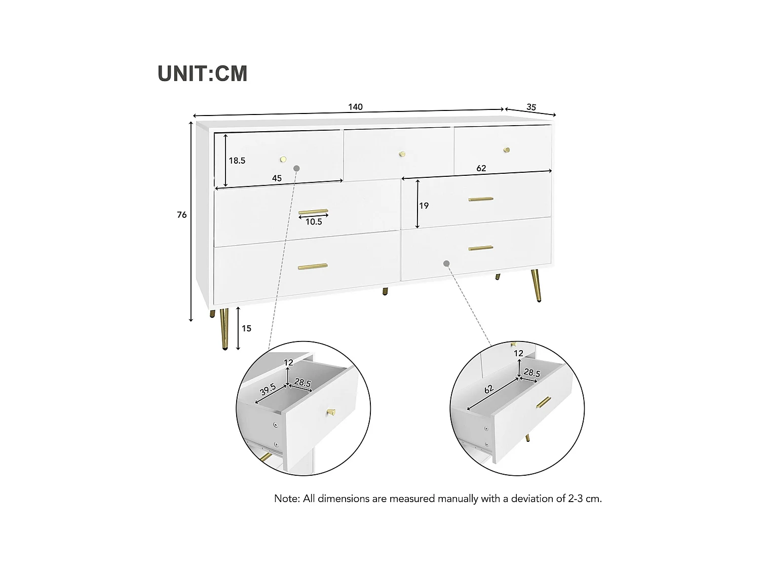 Aparador blanco con 7 cajones, tiradores y patas dorados, 140x35x76 cm - Para cocina y salón