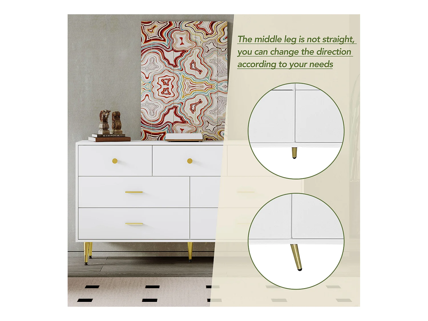 Aparador blanco con 7 cajones, tiradores y patas dorados, 140x35x76 cm - Para cocina y salón